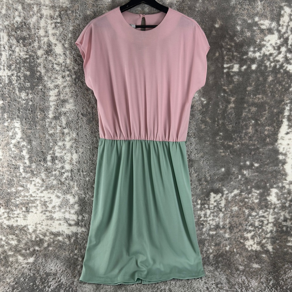 CB Size 12 Vintage Colorblock Elastic Waist‎ Midi Dress Pink Green Short Sleeve